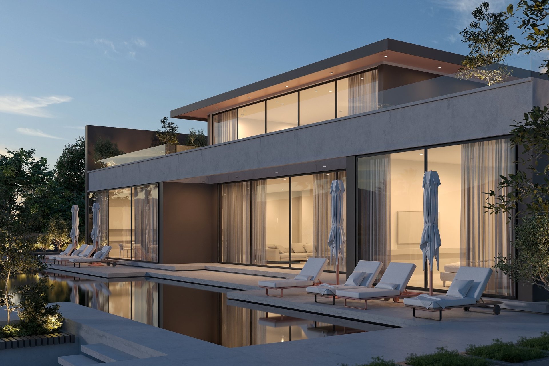 Luxury villa with infinity pool at sunset